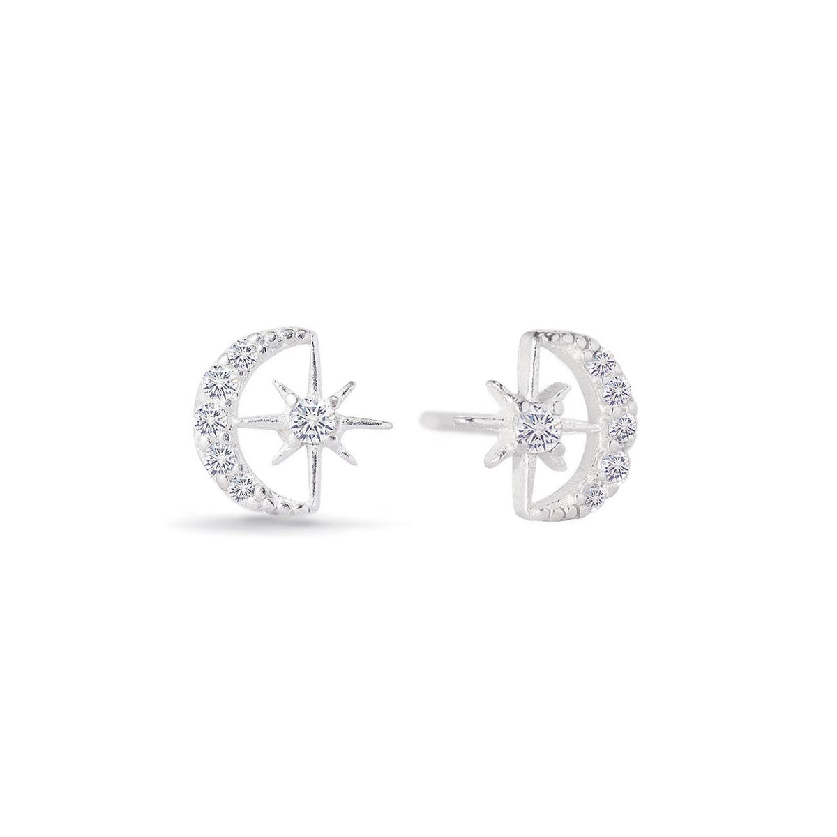 Sterling Silver Cresecent Moon Star Stud Earrings Celestrial Starburst ...