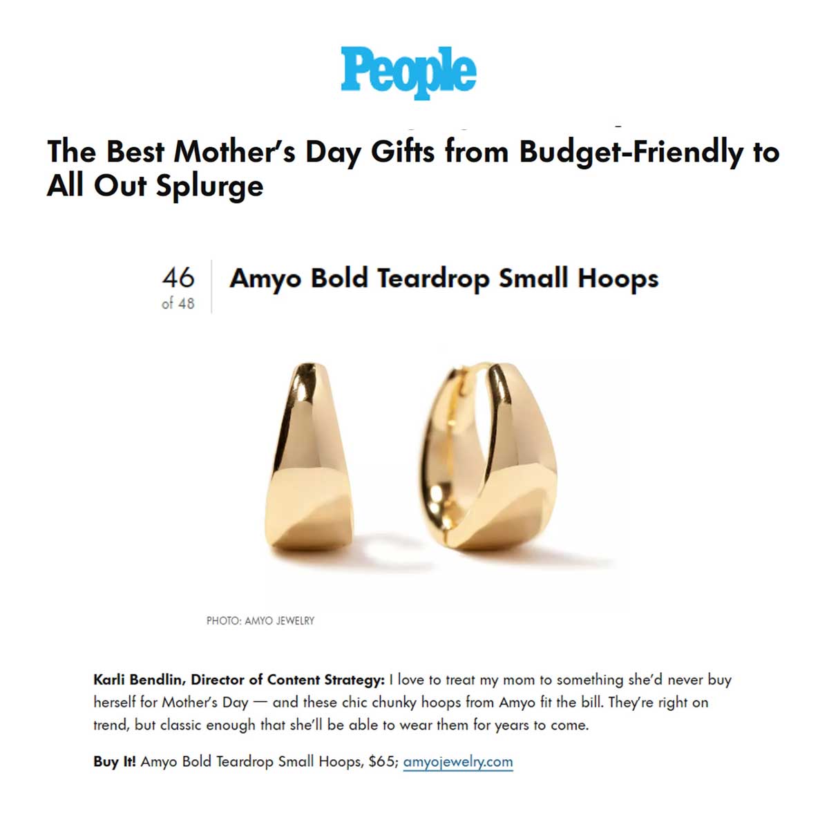 AMYO Bold Teadrop Small Hoops featured on People's article 