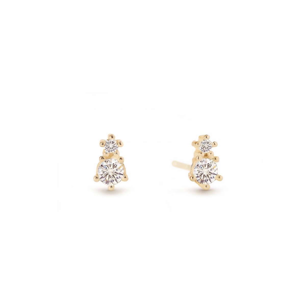 Gold vermeil duo studs with two graduated round clear stones, on a white background