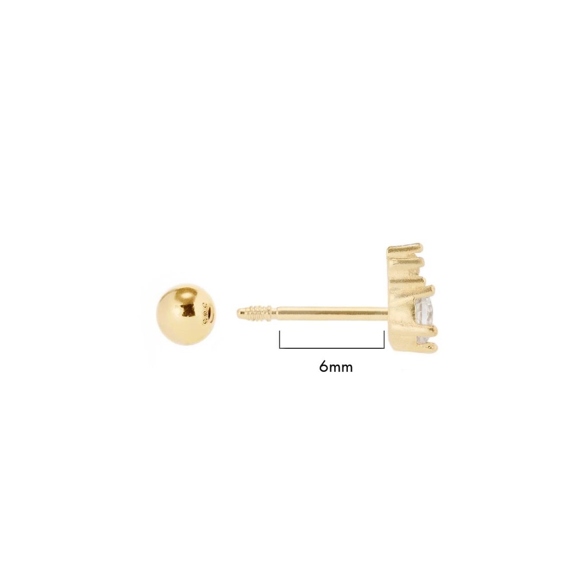 Gold vermeil pavé stud with clear zirconia and a ball back, side view with a 6mm size marker