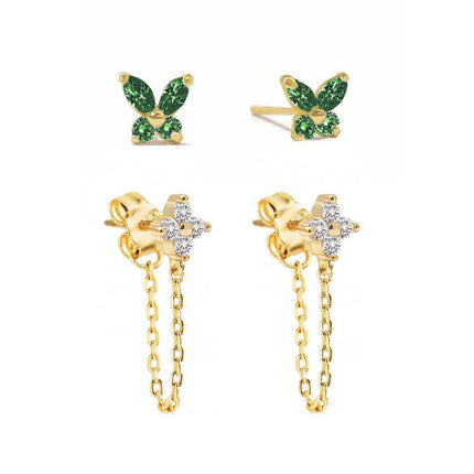 Tiny Butterfly Flor Studs Set Emerald