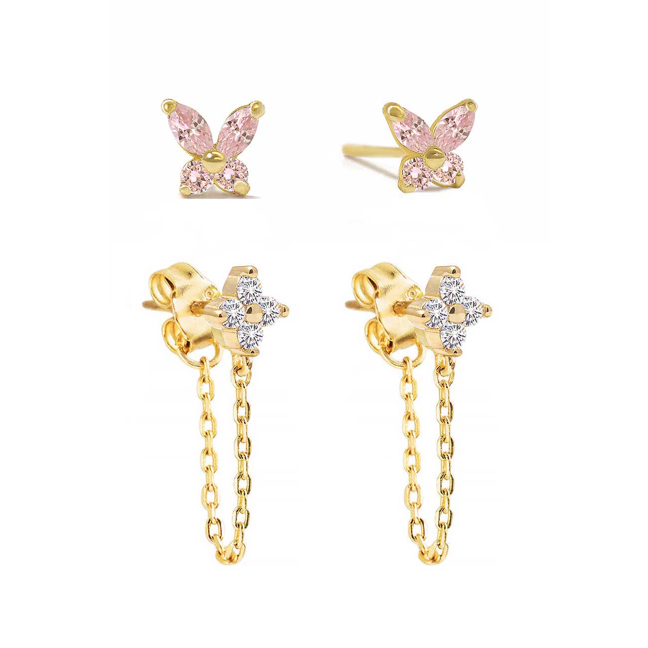 Tiny Butterfly Flor Studs Set Pink Sapphire