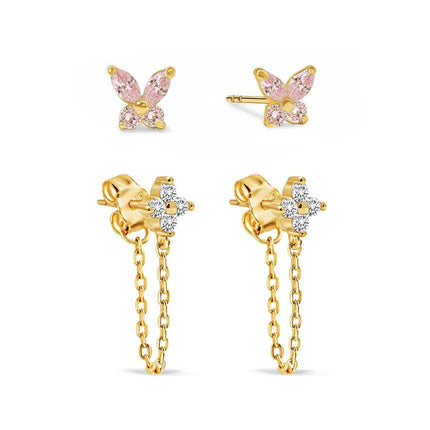 Tiny Butterfly Flor Studs Set Pink Sapphire