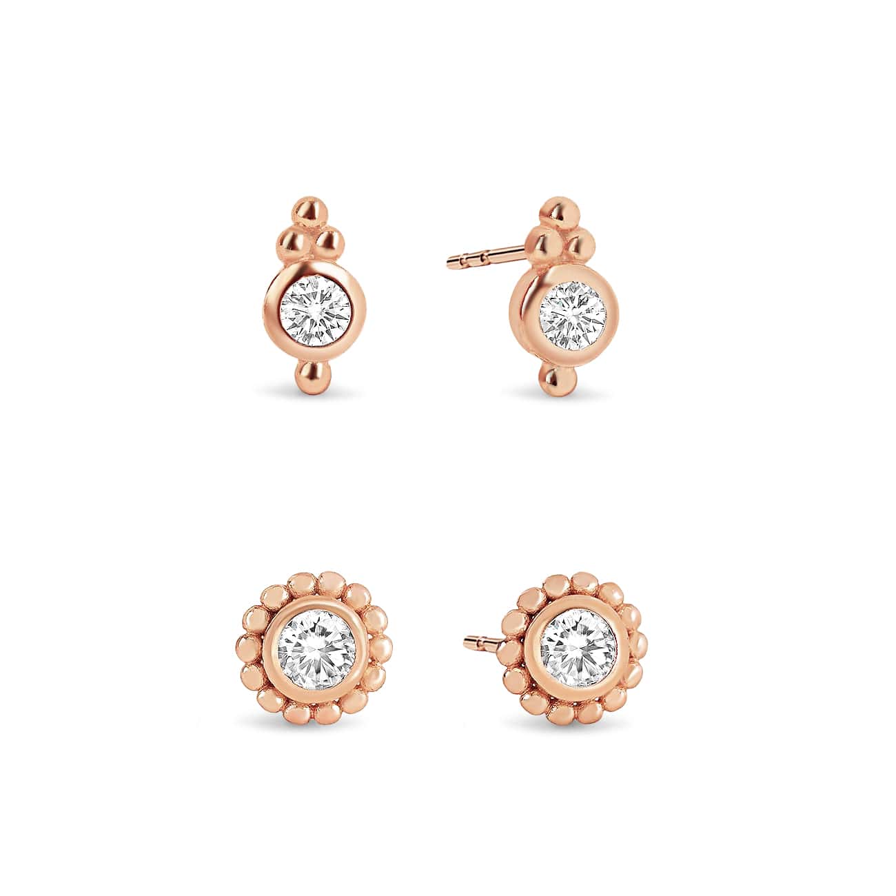 Rose gold vermeil beaded studs set with round white zirconia stones, on a white background