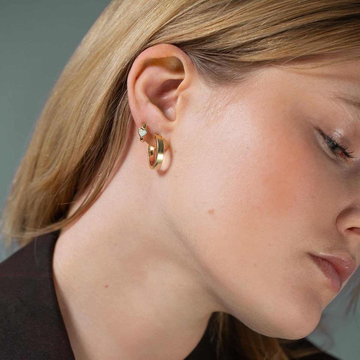 Opal Heart Inlay Huggies