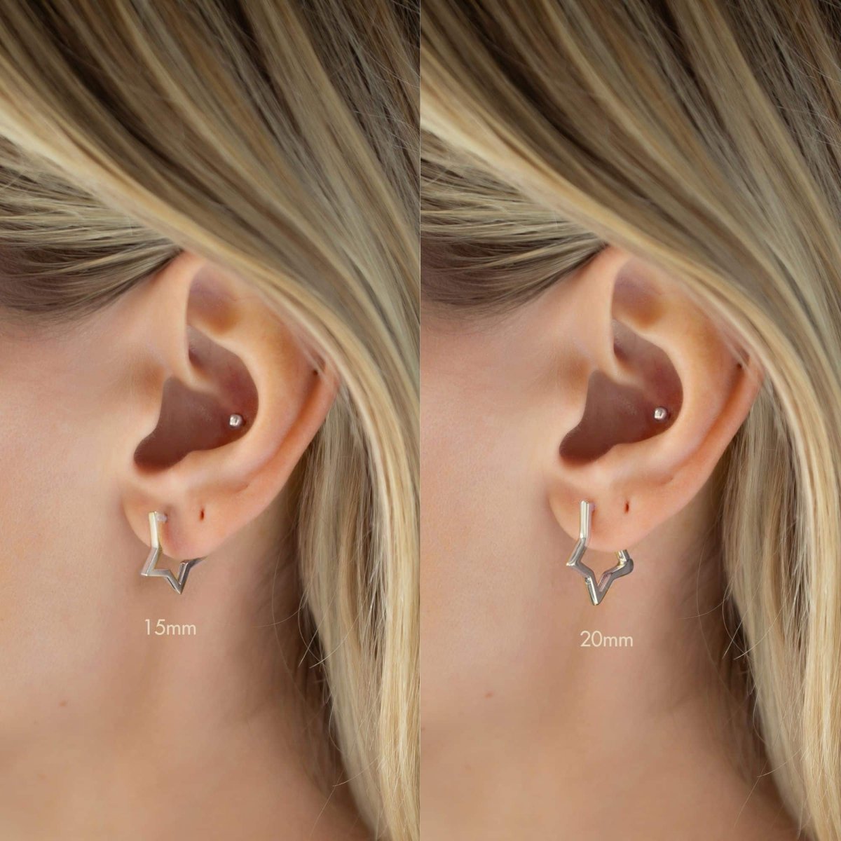 Silver open star-shaped hoops shown on a model's ear, size comparison, 15mm and 20mm