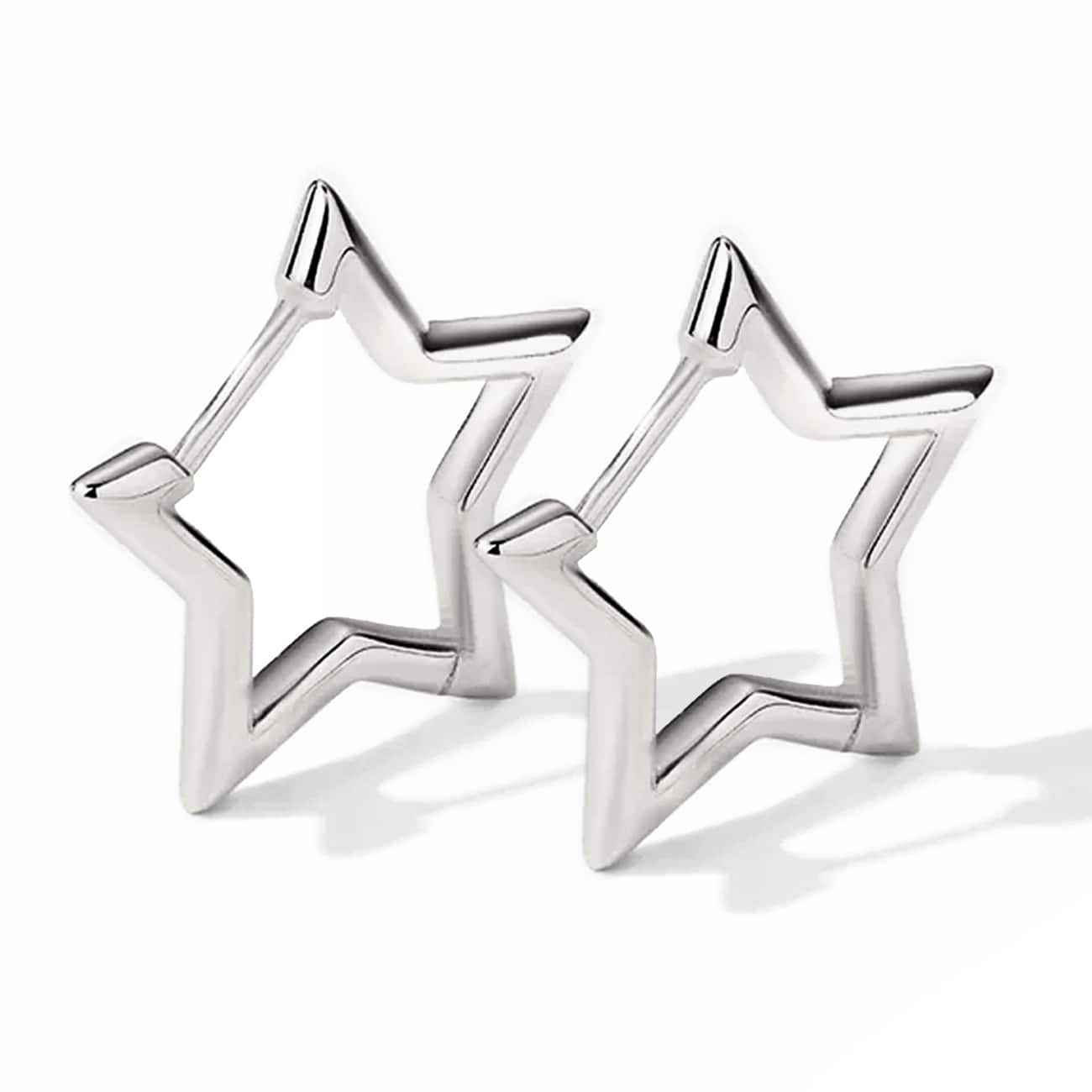Sterling silver open star-shaped small hoop earrings, on a white background