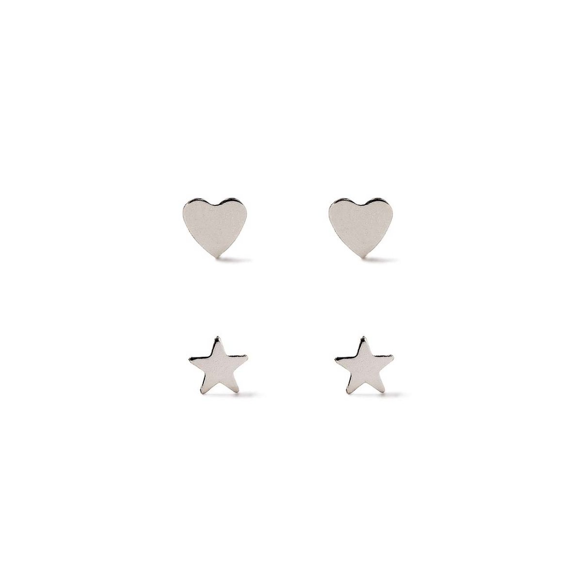 Sterling silver tiny heart and star stud earring set, on a white background