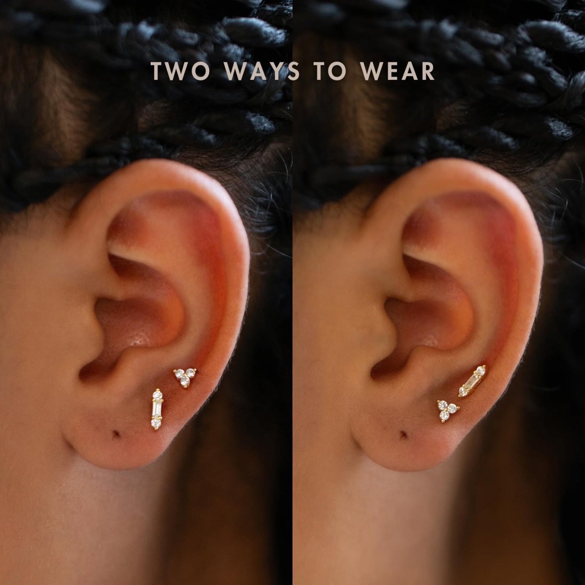 Two different ways to wear Gold Vermeil Gemstone Bar + Clover Studs Set White Zirconia