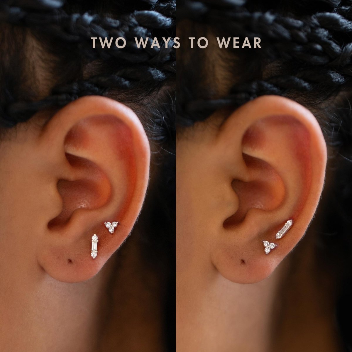 Two different ways to wear Sterling Silver Gemstone Bar + Clover Studs Set White Zirconia