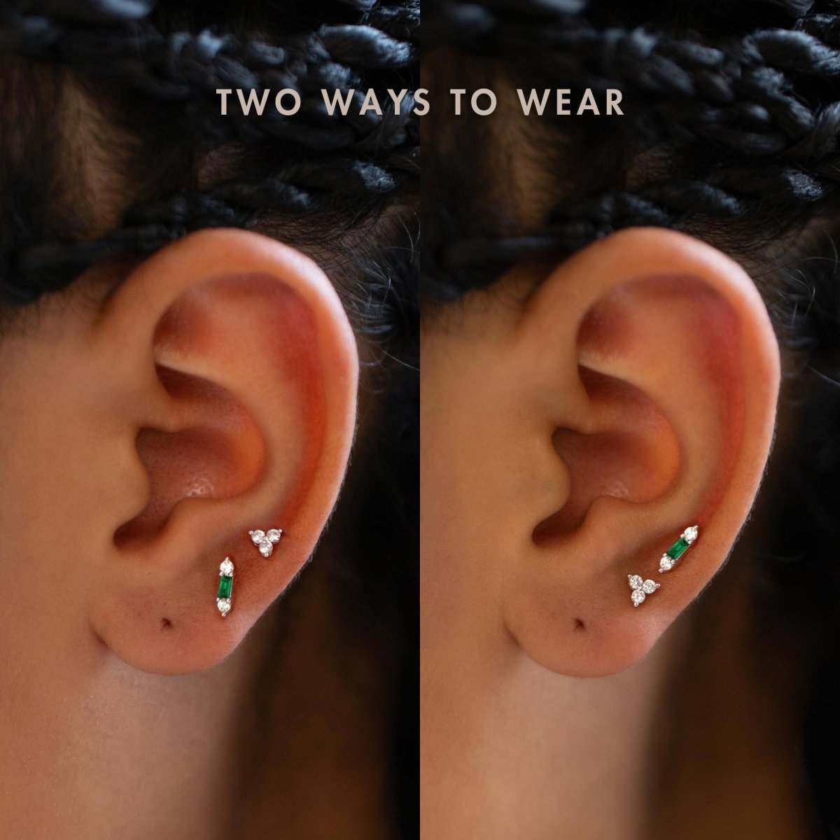 Two different ways to wear Sterling Silver Gemstone Bar + Clover Studs Set Emerald 