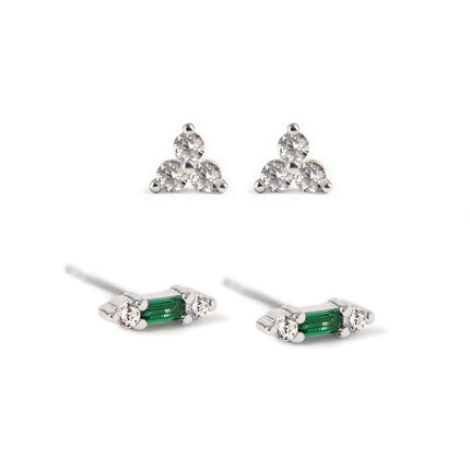Gemstone Bar + Clover Studs Set Emerald
