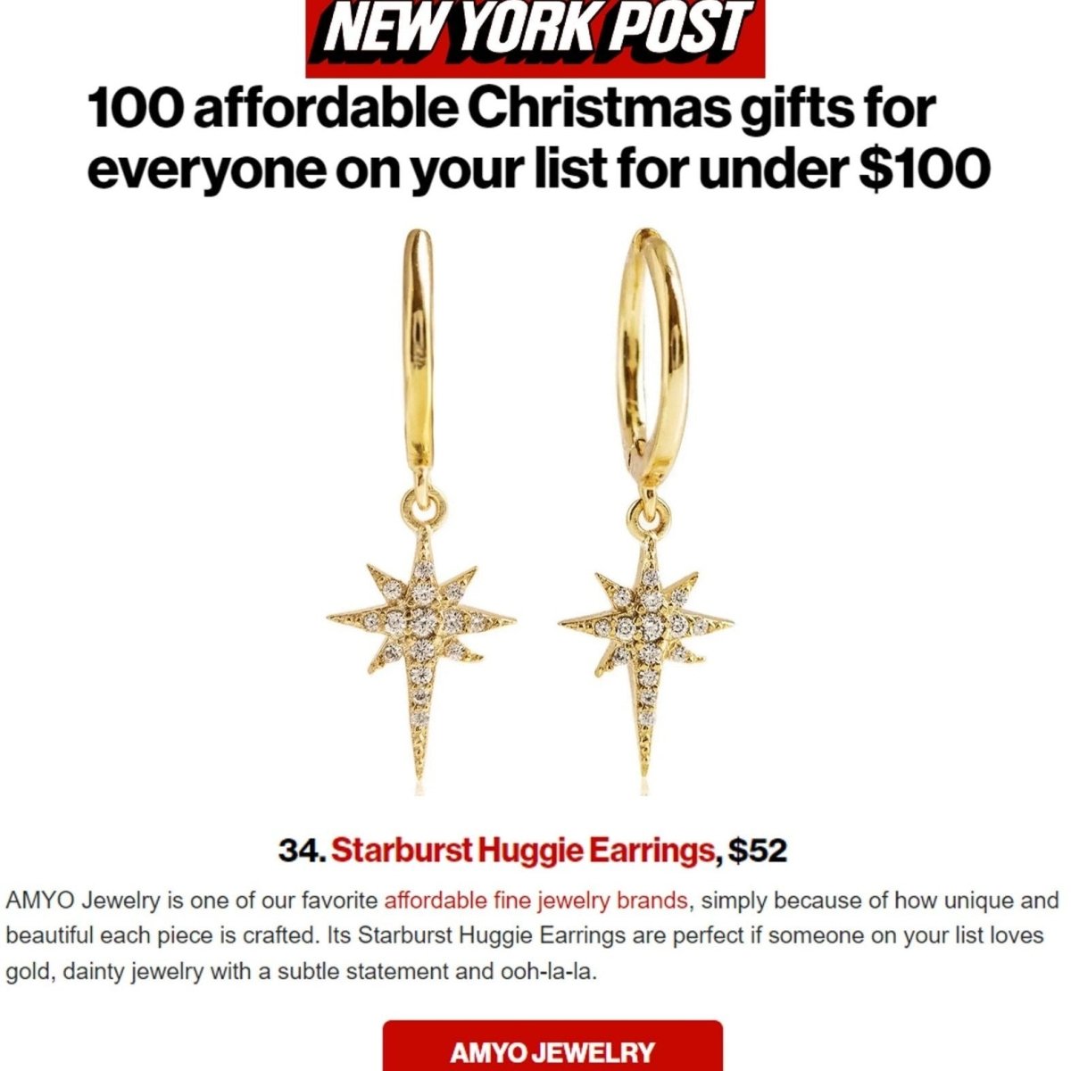 AMYO gold starburst huggie earrings appear on New York Post article for being one of the