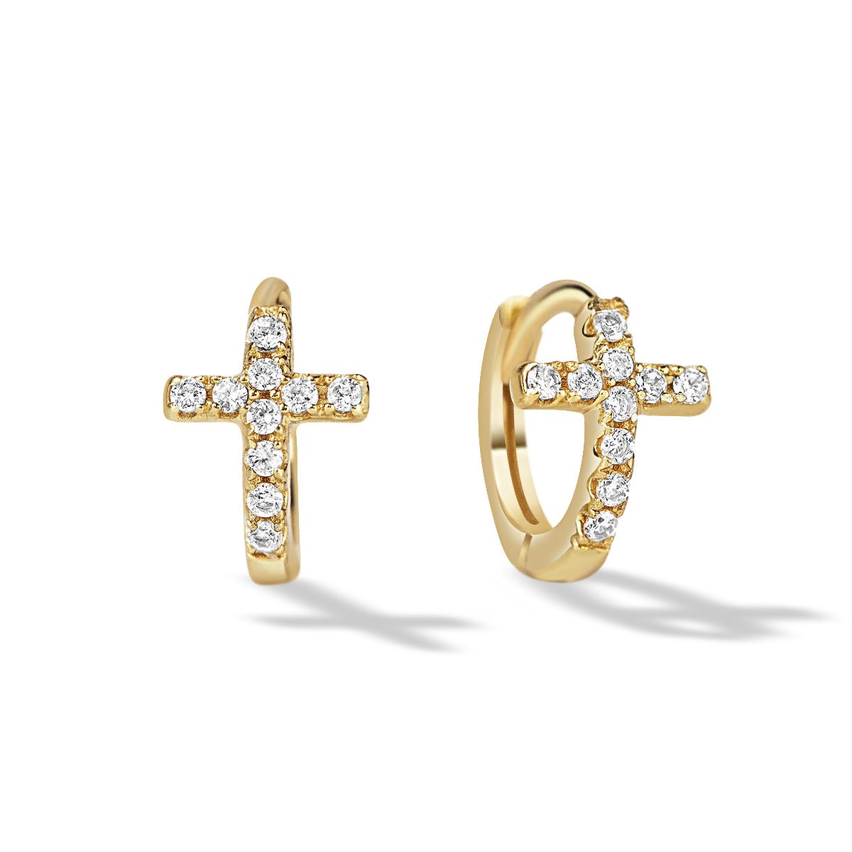 A pair of gold huggie earrings in the shape of a cross, each adorned with sparkling cubic zirconia stones.