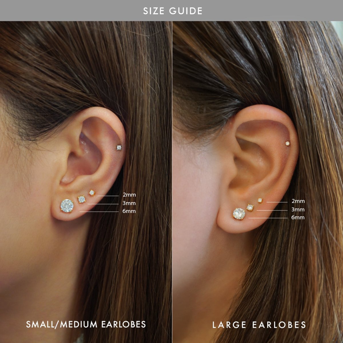 Size guide of 14K Gold White Sapphire Studs, Small/Medium vs. Large Earlobes 