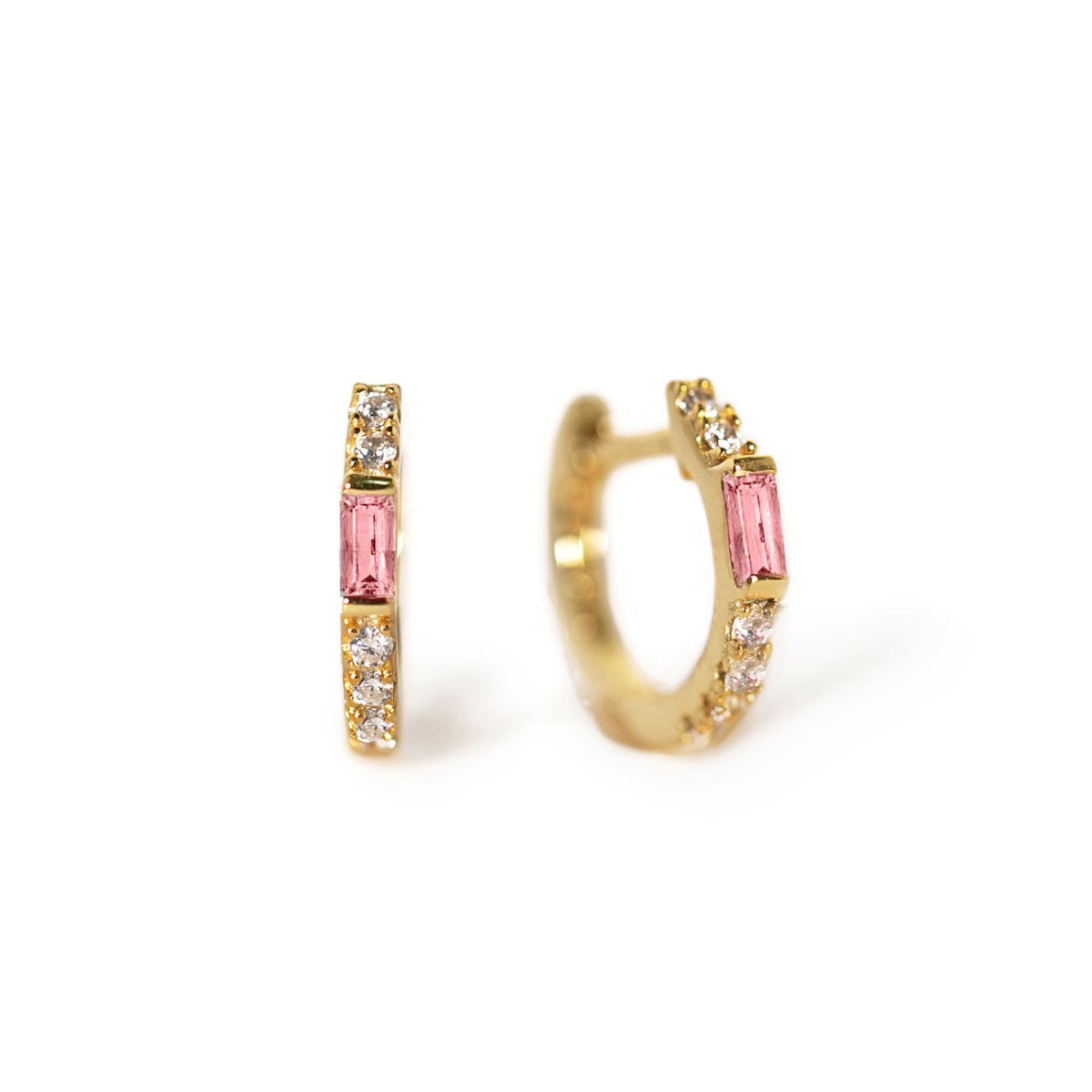 Gold Vermeil Gemstone Baguette Huggie Earrings Pink