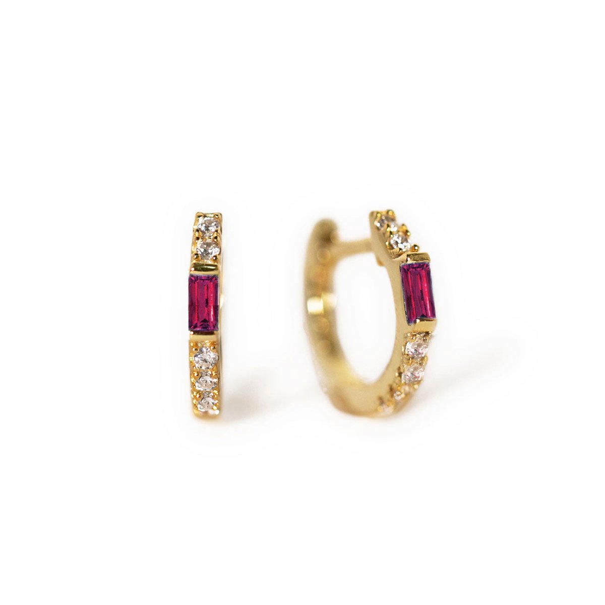 Gold Vermeil Gemstone Baguette Huggie Earrings Ruby