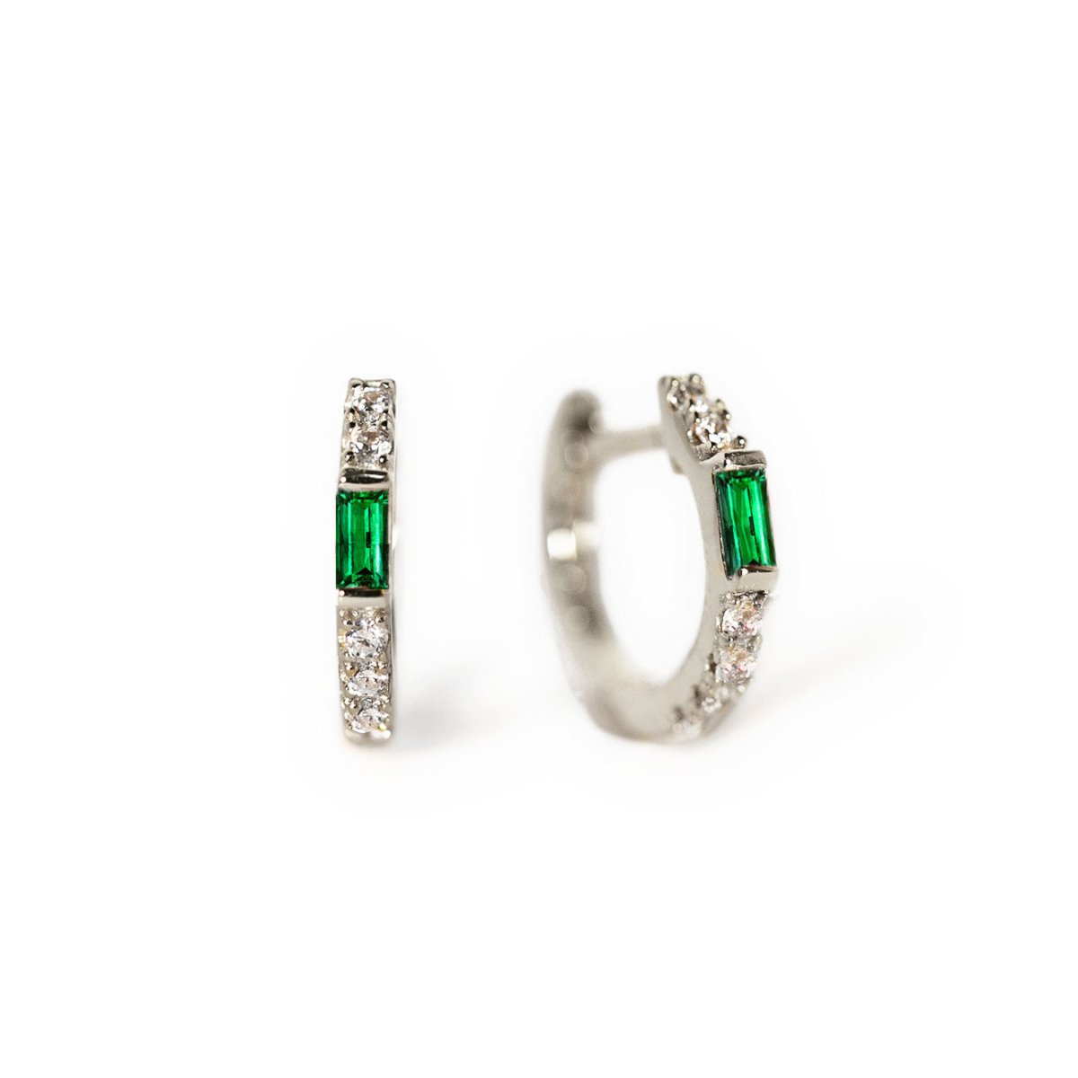 Sterling Silver Gemstone Baguette Huggie Earrings Emerald