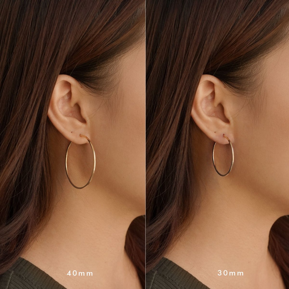 Measurement of different sized gold filled midi hoops.