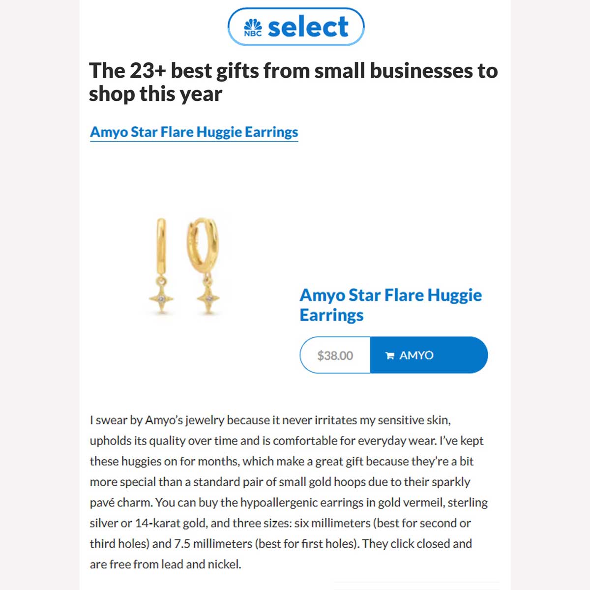 AMYO Star Flare Huggie Earrings featured on NBC Select's 