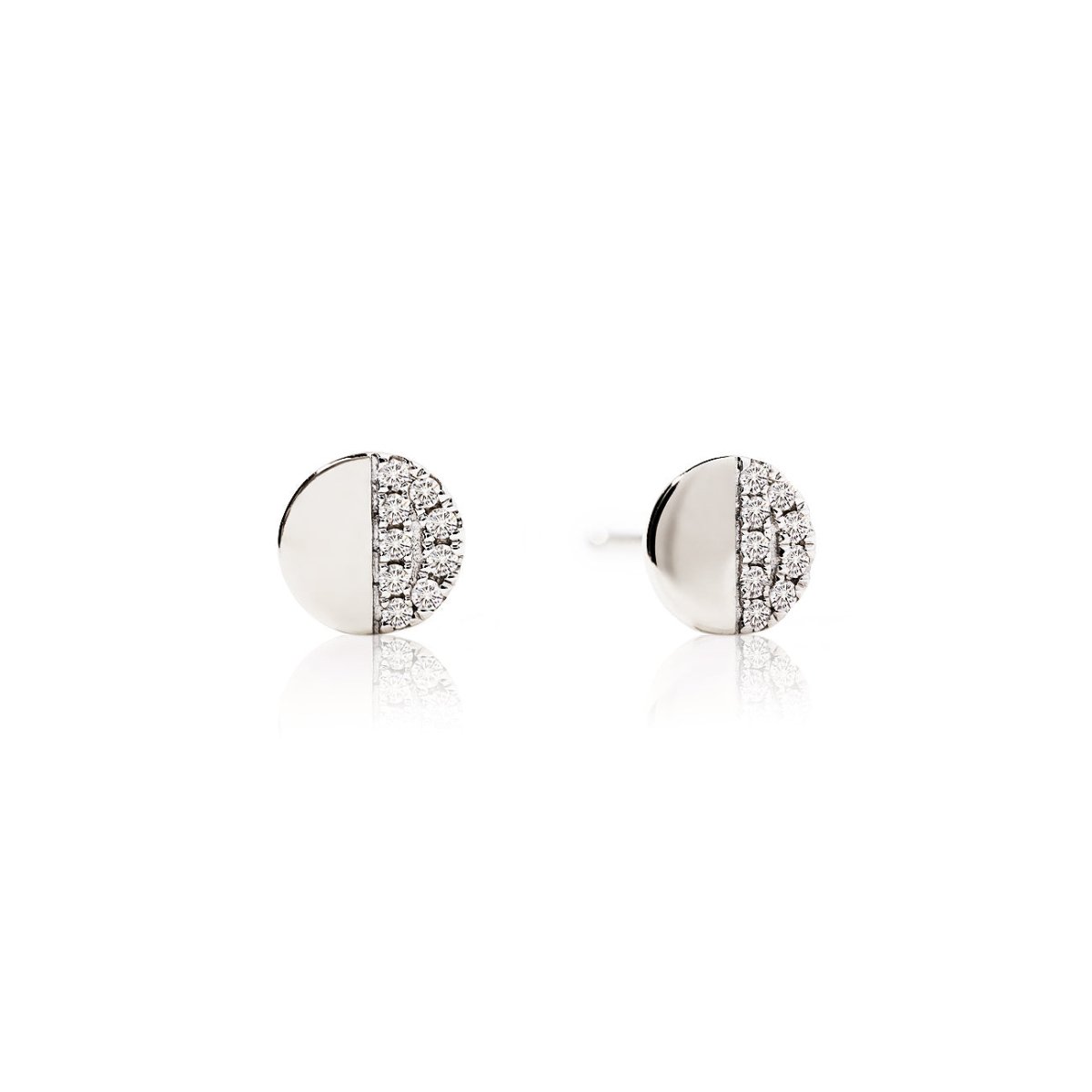 Pair of 14K white gold half-disc stud earrings with pave clear stones, on a white background