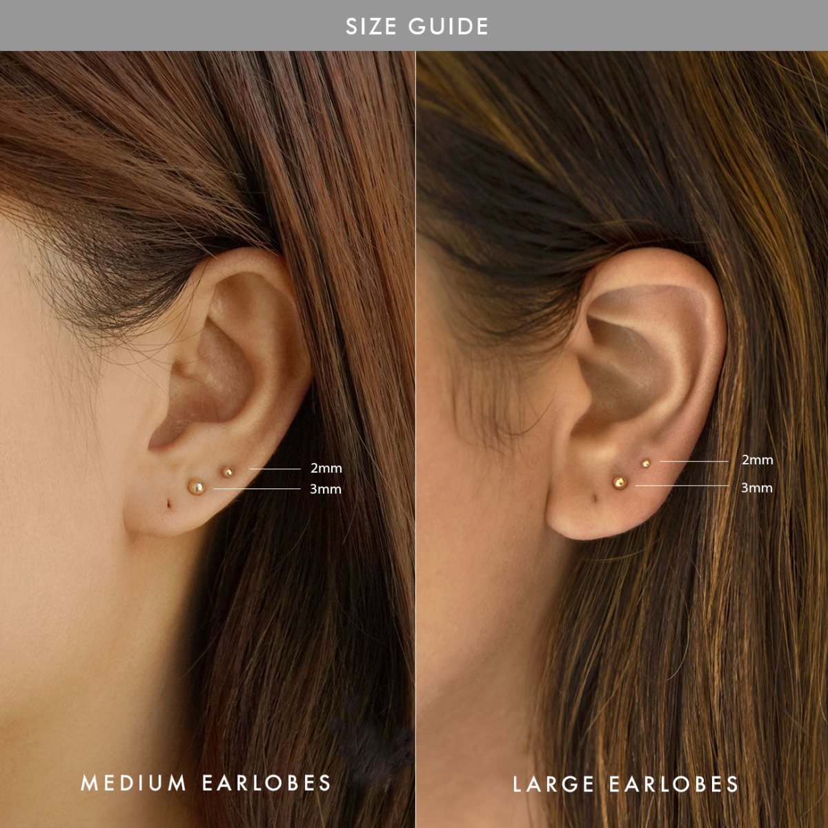 Size guide of 14K Gold Tiny Sphere Studs between medium and large earlobes 