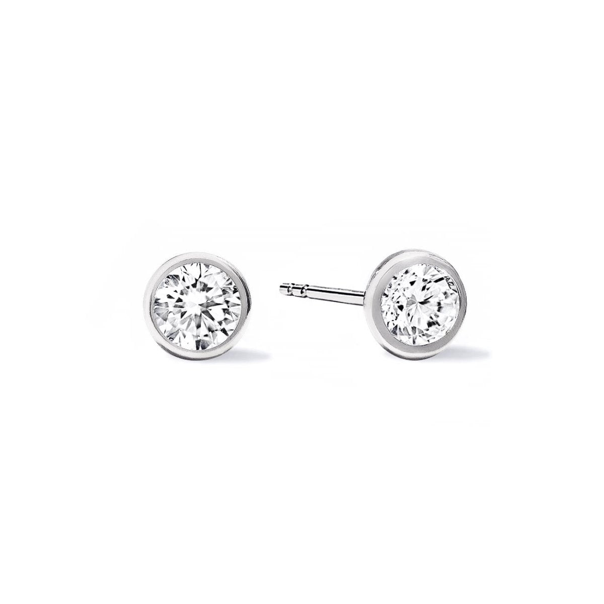 14K white gold bezel stud earrings, on a white background