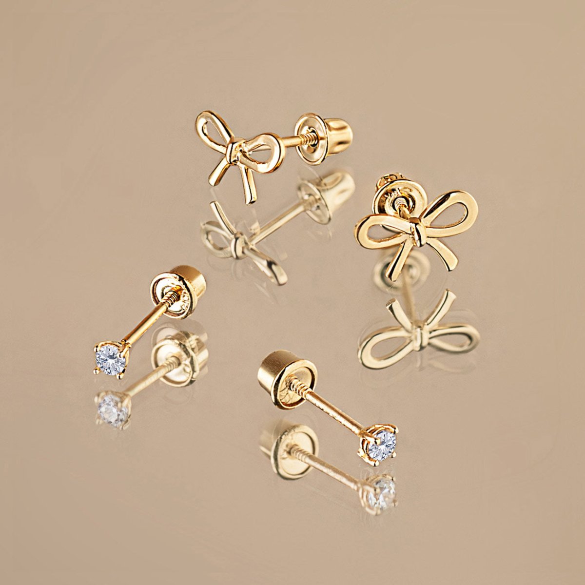 Bestselling 14K Gold Screw Back Stud Earrings from AMYO | Tiny Sapphire Studs and Bow Studs