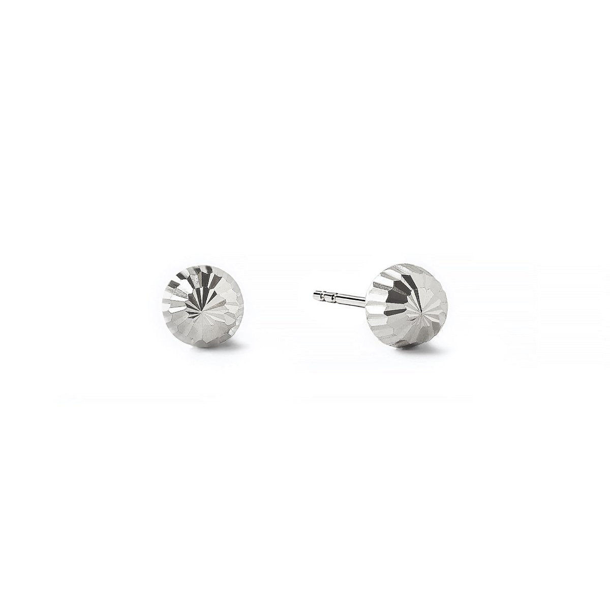 14K white gold faceted ball stud earrings, on a white background