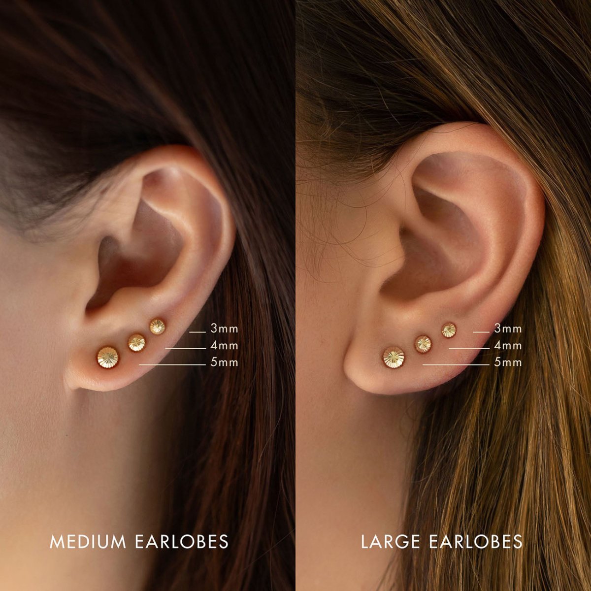 14K gold faceted ball stud earrings sizes, shown on model's ears