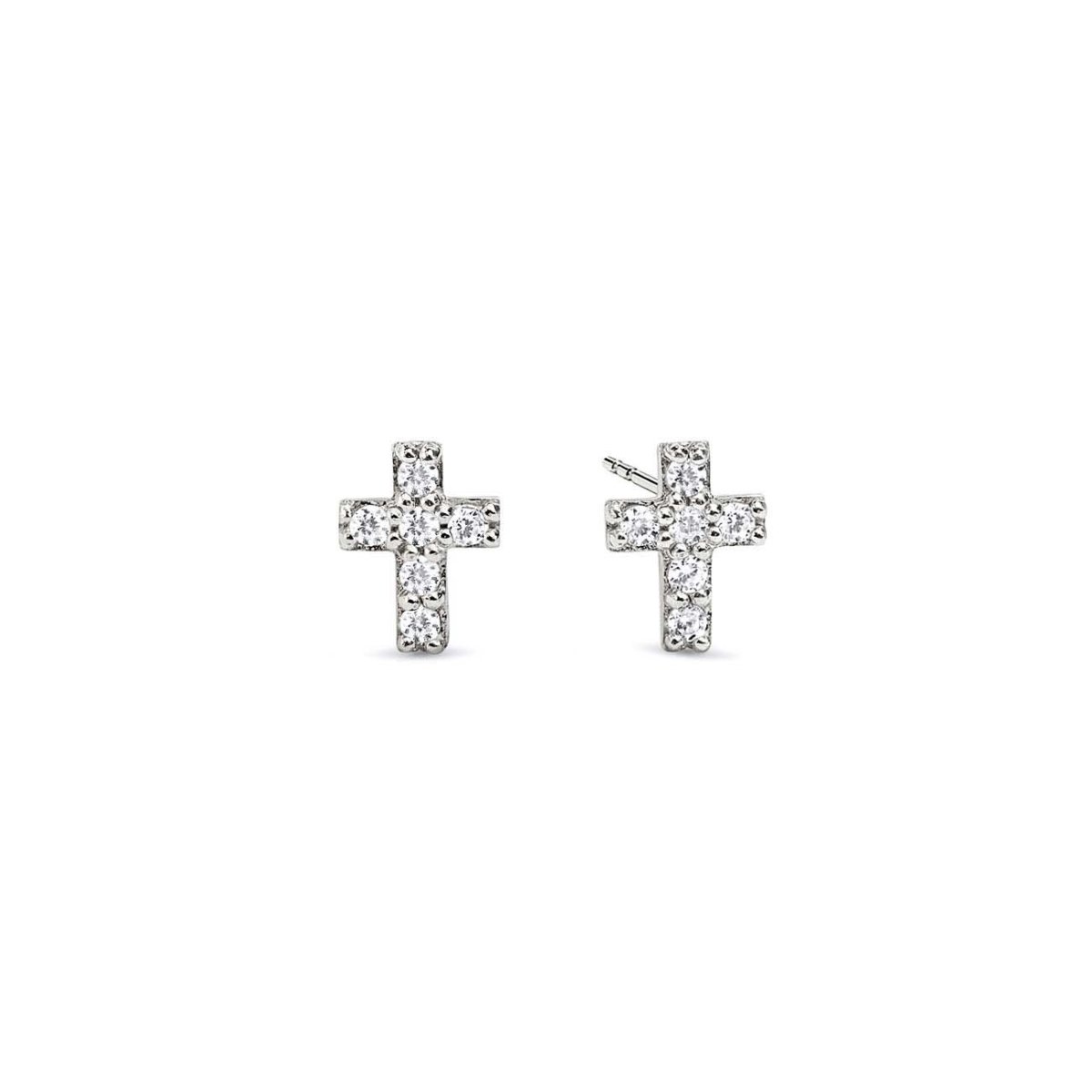 14K white gold cross studs paved with white zirconia, pair shown front and side, on a white background
