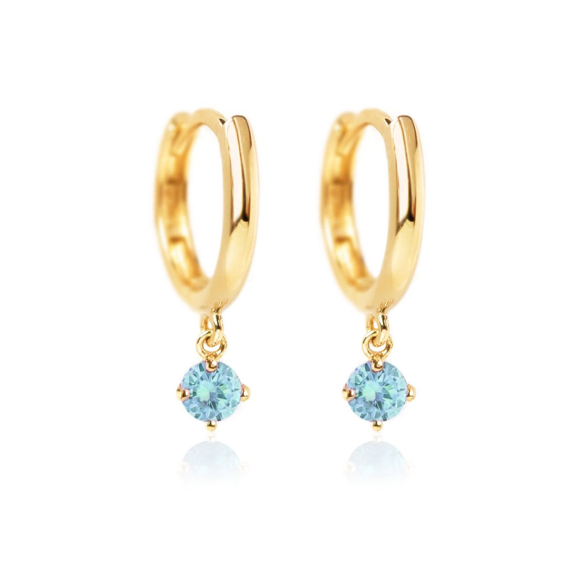 14K Gold Gemstone Dangle Huggies Aquamarine Cubic Zirconia 