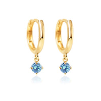 14K Gold Gemstone Dangle Huggies Blue Zircona CZ Crystal 