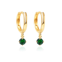 14K Gold Gemstone Dangle Huggies Emerald CZ Crystal 