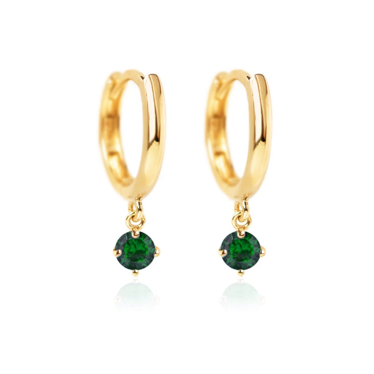 14K Gold Gemstone Dangle Huggies Emerald CZ Crystal 