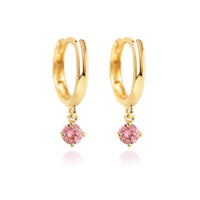 14K Gold Gemstone Dangle Huggies Pink CZ Crystal 