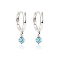 14K White Gold Gemstone Dangle Huggies Aquamarine Cubic Zirconia