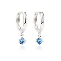 14K White Gold Gemstone Dangle Huggies Blue Zircon CZ Crystal 