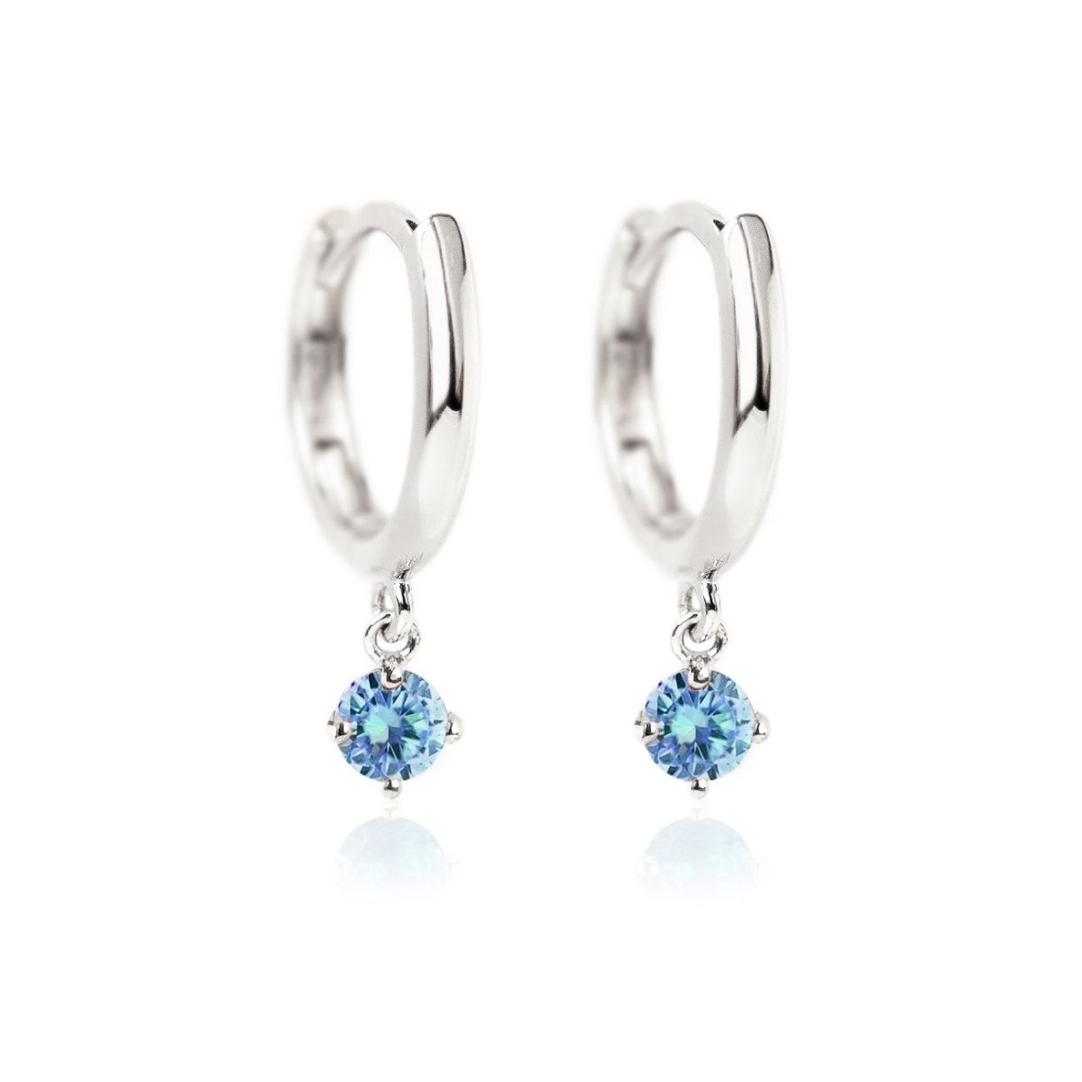 14K White Gold Gemstone Dangle Huggies Blue Zircon CZ Crystal 