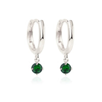 14K White Gold Gemstone Dangle Huggies Emerald CZ Crystal 