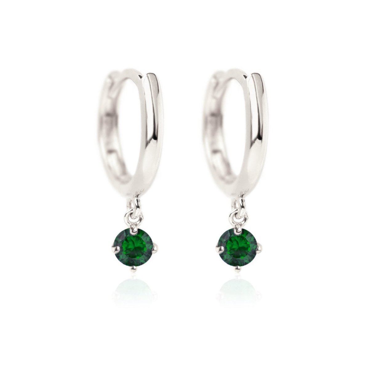 14K White Gold Gemstone Dangle Huggies Emerald CZ Crystal 