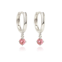 14K White Gold Gemstone Dangle Huggies Pink CZ Crystal 