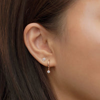 14K Rose Gold Pavé Dangle Huggie Earrings paired with stud earring 