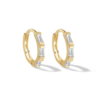 14K Solid Gold Tri Baguette Huggie Hoops Moissanite Crystals 