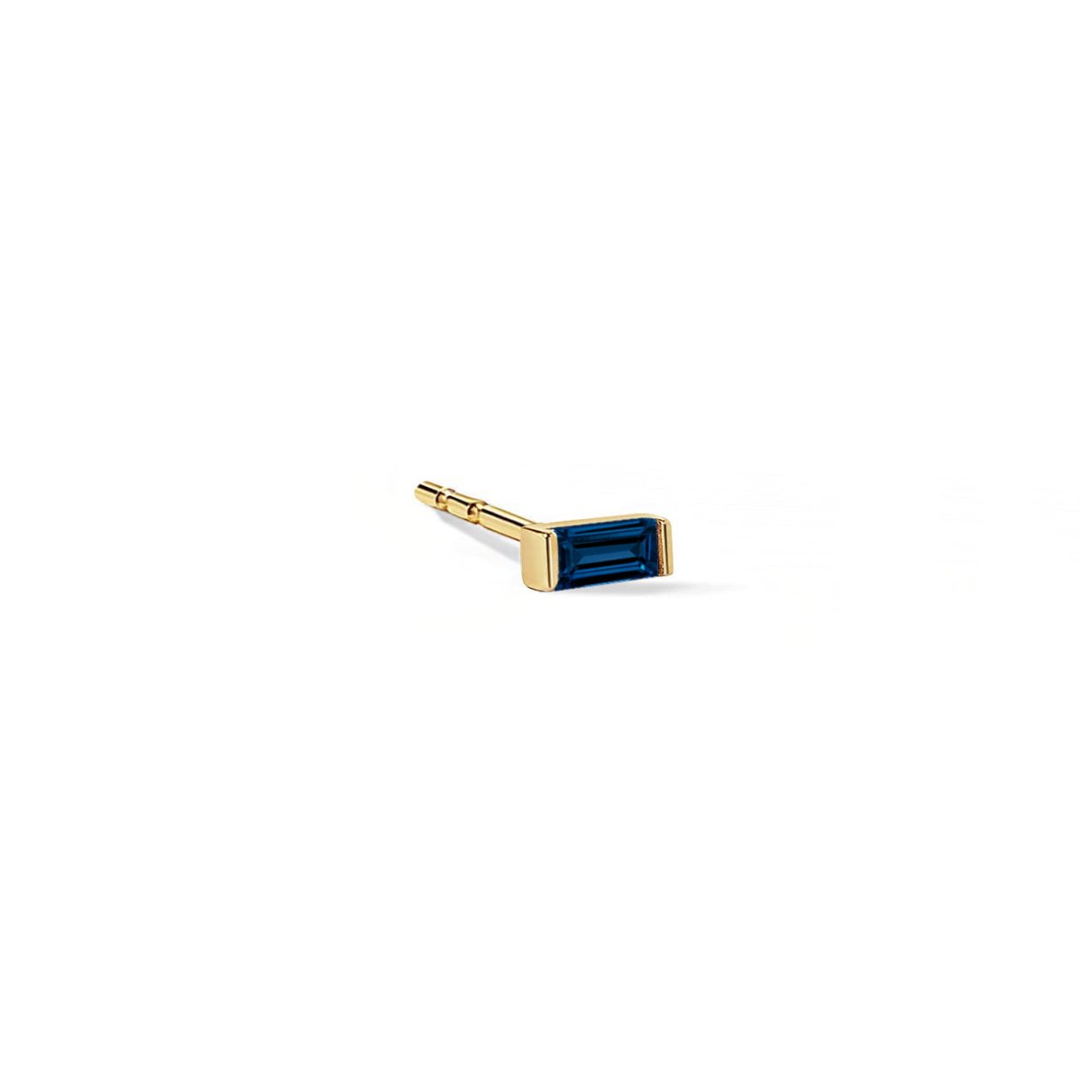 14K gold single baguette stud with a blue sapphire, on a white background