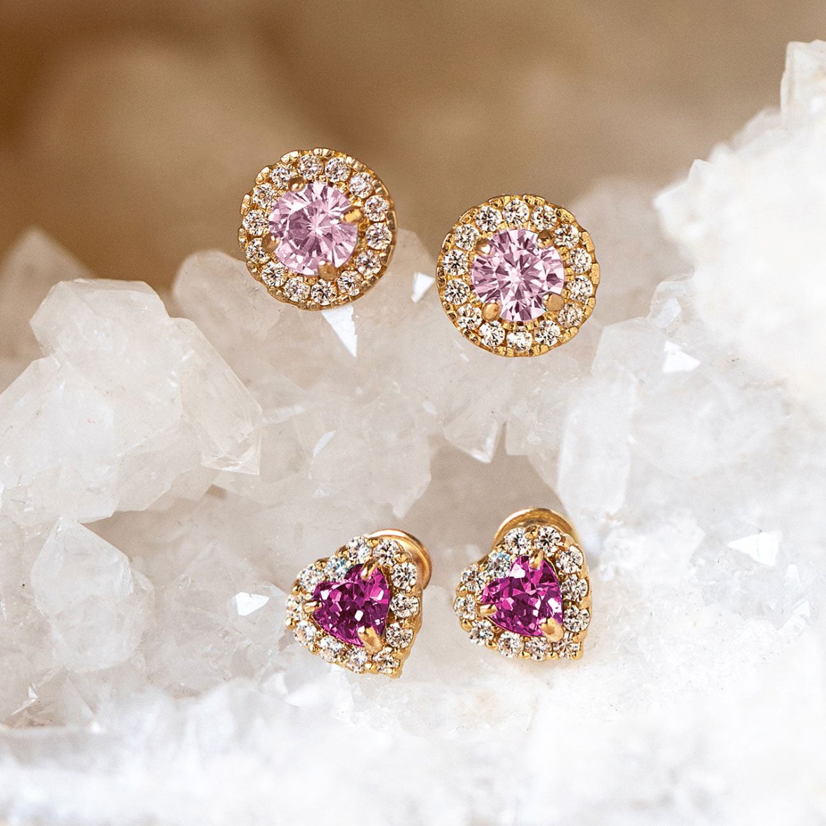 14K Gold Heart Gemstone Halo Studs and Gemstone Solitaire Halo Studs with Pink and Ruby Gemstones from AMYO. | #Gemstone_Pink Sapphire