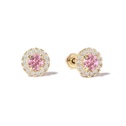 Birthstone Solitaire Halo Studs Pink Sapphire