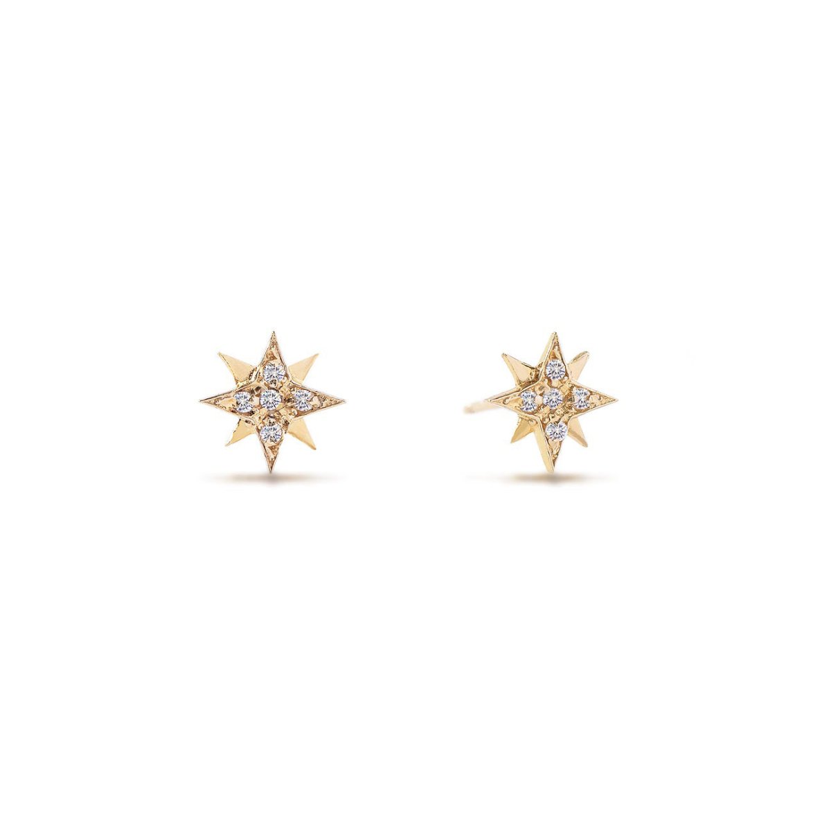 Pair of 14K gold starburst pavé studs set with clear white zirconia, on a white background