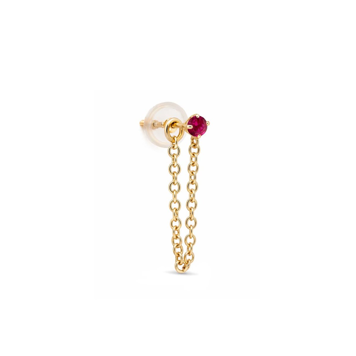 14K gold single chain stud earring with a round red ruby and draped chain, on a white background