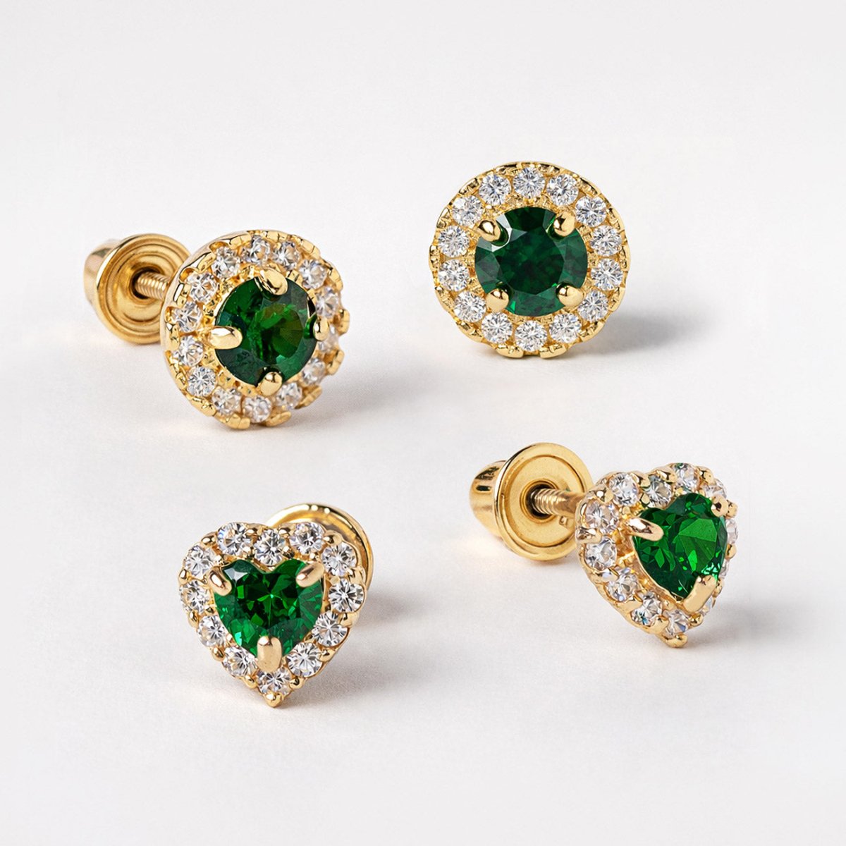 14K Gold Heart Gemstone Halo Studs and Gemstone Solitaire Halo Studs with Emerald Stones from AMYO. Perfect gift for May birthdays. | #Gemstone_Emerald